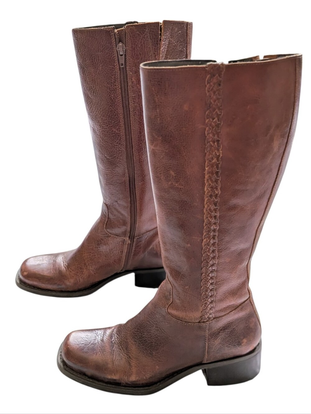 Nicole Brown Leather Tall Riding Boots Size 7 Braid Campus Hippie Boho Western